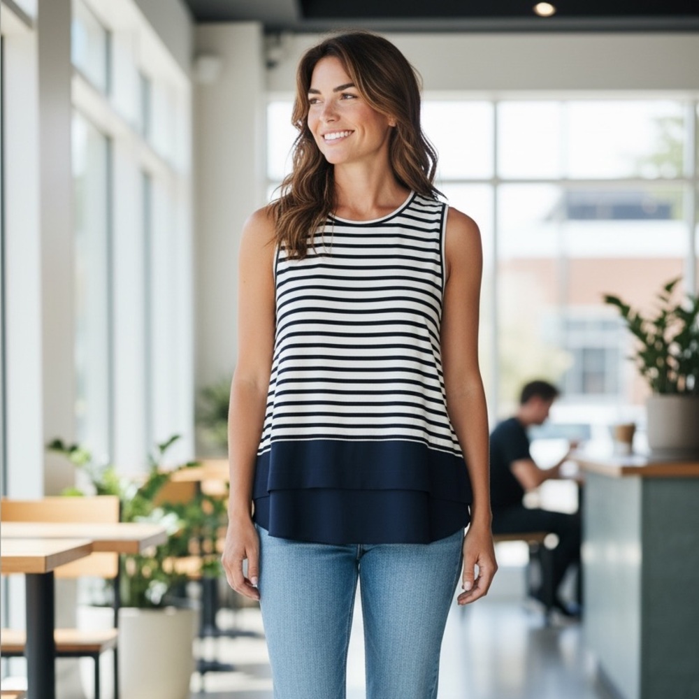 Michael Kors Navy+White Sleeveless Blouse